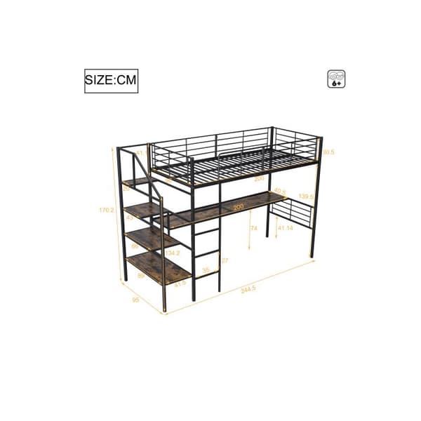 Belyst mezzanin, 90*200cm, Utan madrass, Skrivbord, Förvaringsstege, Järnram, Svart