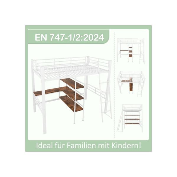 Ljust mezzanin, 90*200 cm, utan madrass, säng med skrivbord, flera hyllor, räcke, stege, järnram, vit