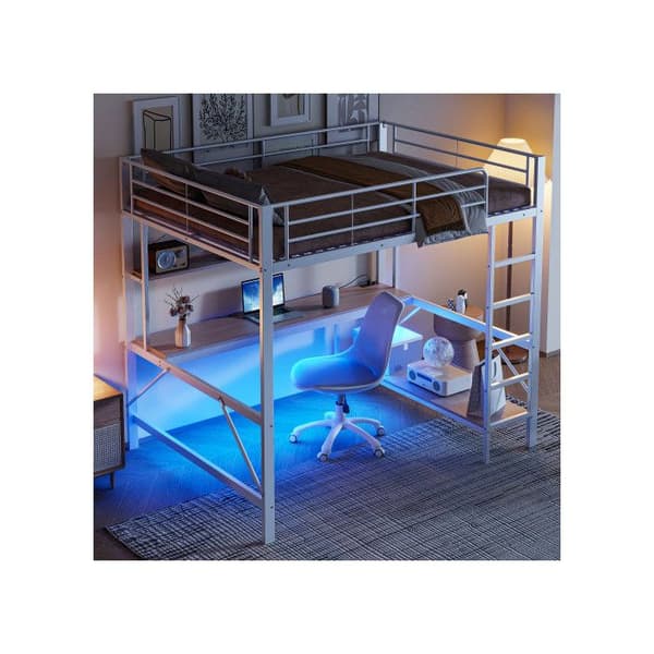 Belyst mezzanin, 140*200 cm, ramp, fotstöd, med USB-uttag och eluttag, vit