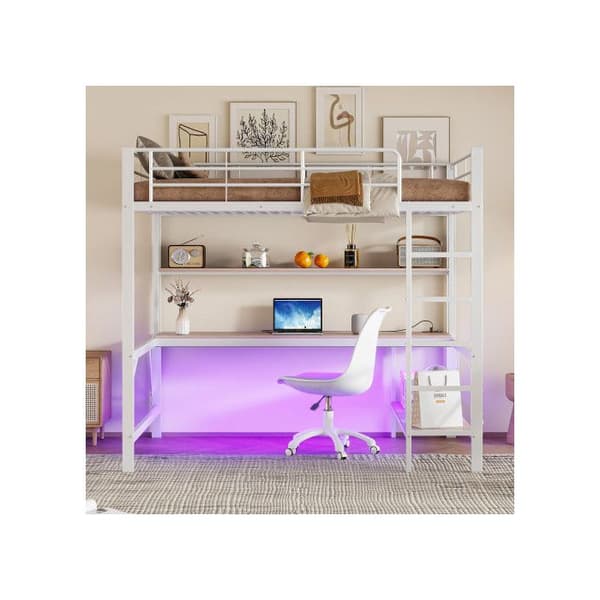 Belyst mezzanin, 140*200 cm, ramp, fotstöd, med USB-uttag och eluttag, vit