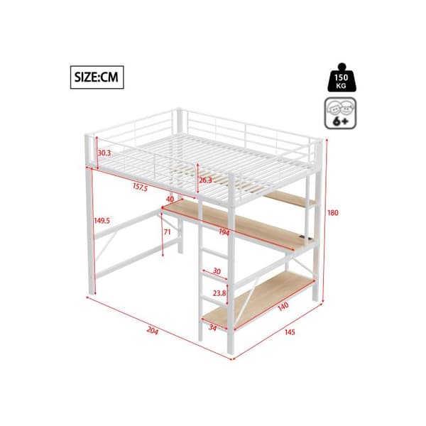 Belyst mezzanin, 140*200 cm, ramp, fotstöd, med USB-uttag och eluttag, vit