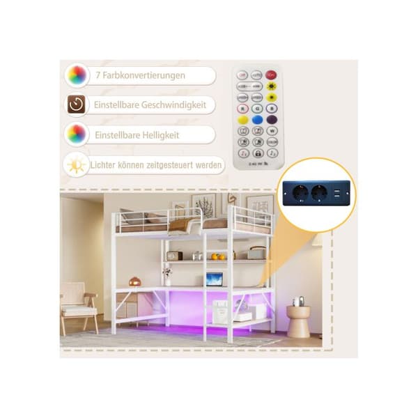 Belyst mezzanin, 140*200 cm, ramp, fotstöd, med USB-uttag och eluttag, vit