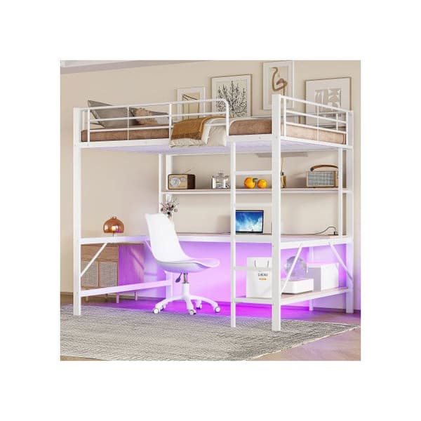 Belyst mezzanin, 140*200 cm, ramp, fotstöd, med USB-uttag och eluttag, vit