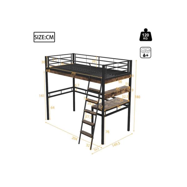 Säng mezzanin, 90*200cm, Utan madrass, Säng med skrivbord, hyllor, räcke, stege, metallram, Svart