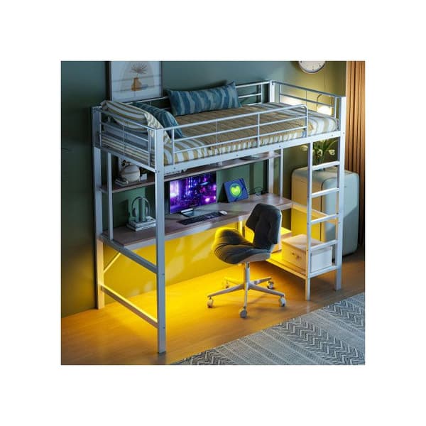 Ljus mezzanin, 90*200 cm, ramp, fotstöd, med USB-uttag och eluttag, vit