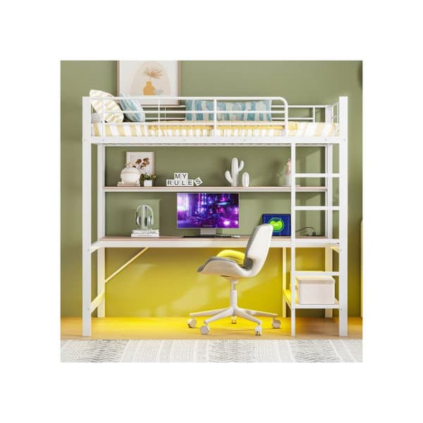 Ljus mezzanin, 90*200 cm, ramp, fotstöd, med USB-uttag och eluttag, vit