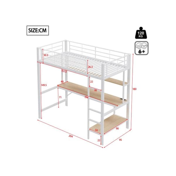 Ljus mezzanin, 90*200 cm, ramp, fotstöd, med USB-uttag och eluttag, vit