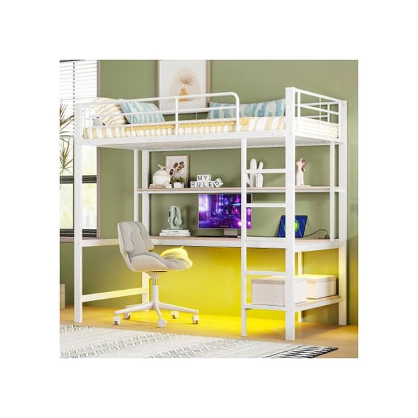 Ljus mezzanin, 90*200 cm, ramp, fotstöd, med USB-uttag och eluttag, vit