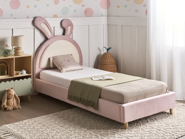 Seng Rosa Fløyel Polstret Ramme Nakkestøtte 90 x 200 cm Enkeltseng Soverom Barnerom Moderne Tradisjonell