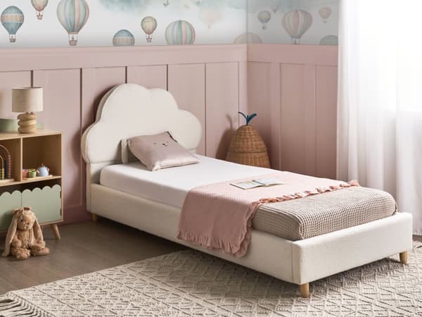 Seng Off-White Boucle Polstret Ramme Nakkestøtte 90 x 200 cm Enkeltseng Soverom Barnerom Moderne Tradisjonell