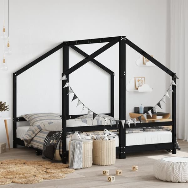 Sängram för barnsäng svart 2x(80x160) cm massiv furu