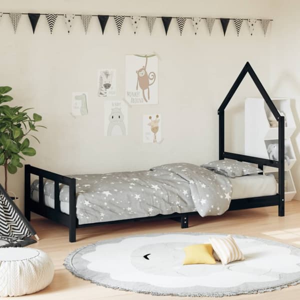 Sängram för barn svart 90x190 cm massiv furu
