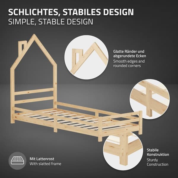 ML-Design barnbäddshus 90x200 cm natur, bäddshus för barn, träsäng med lamellram, skorstensdesign, ungdomssäng av massivt furuträ, sängram för pojkar