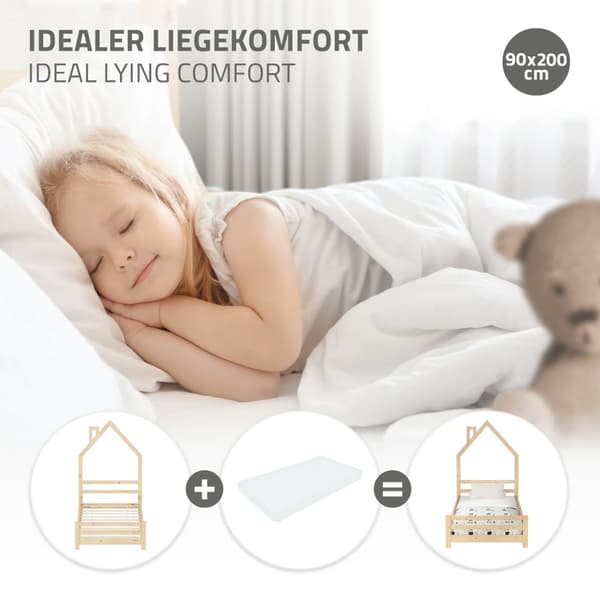 ML-Design barnbäddshus 90x200 cm natur, bäddshus för barn, träsäng med lamellram, skorstensdesign, ungdomssäng av massivt furuträ, sängram för pojkar