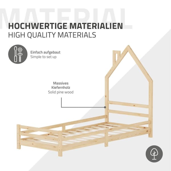 ML-Design barnbäddshus 90x200 cm natur, bäddshus för barn, träsäng med lamellram, skorstensdesign, ungdomssäng av massivt furuträ, sängram för pojkar