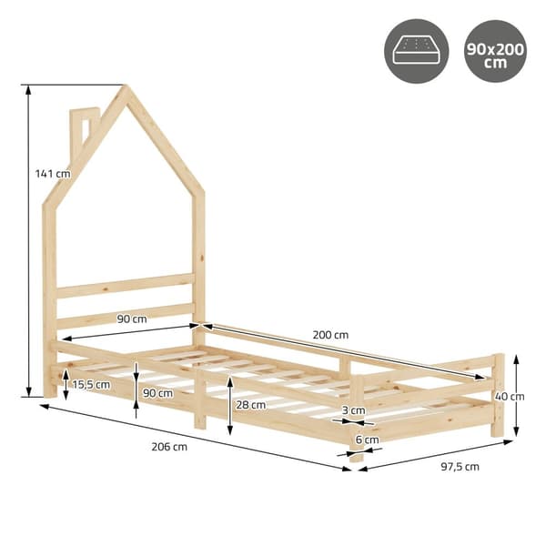 ML-Design barnbäddshus 90x200 cm natur, bäddshus för barn, träsäng med lamellram, skorstensdesign, ungdomssäng av massivt furuträ, sängram för pojkar