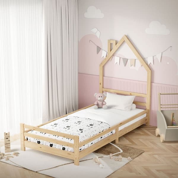 ML-Design barnbäddshus 90x200 cm natur, bäddshus för barn, träsäng med lamellram, skorstensdesign, ungdomssäng av massivt furuträ, sängram för pojkar