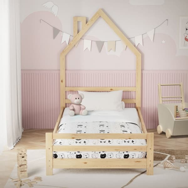 ML-Design barnbäddshus 90x200 cm natur, bäddshus för barn, träsäng med lamellram, skorstensdesign, ungdomssäng av massivt furuträ, sängram för pojkar