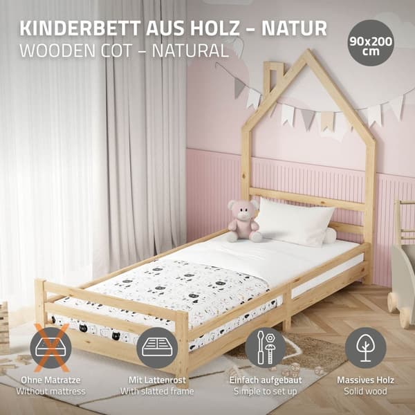 ML-Design barnbäddshus 90x200 cm natur, bäddshus för barn, träsäng med lamellram, skorstensdesign, ungdomssäng av massivt furuträ, sängram för pojkar