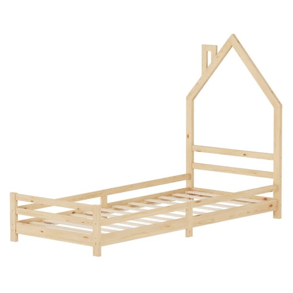 ML-Design barnbäddshus 90x200 cm natur, bäddshus för barn, träsäng med lamellram, skorstensdesign, ungdomssäng av massivt furuträ, sängram för pojkar
