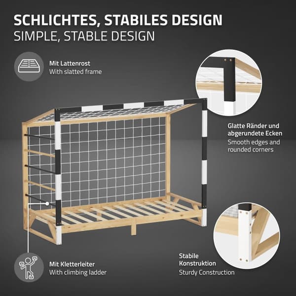ML-Design barnsäng fotbollsmål 90x200 cm, träsäng med lamellram, klätterstege & nät, ungdomssäng av furu, enkelsäng för barn, sängram för pojkar