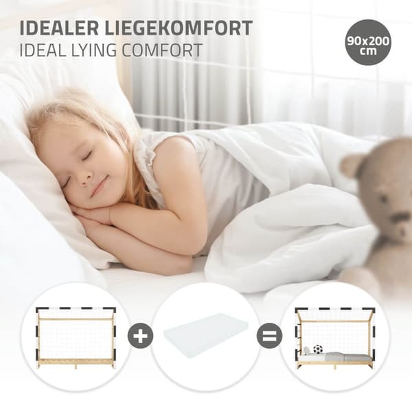 ML-Design barnsäng fotbollsmål 90x200 cm, träsäng med lamellram, klätterstege &amp; nät, ungdomssäng av furu, enkelsäng för barn, sängram för pojkar
