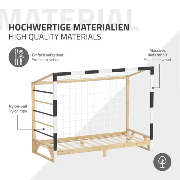 ML-Design barnsäng fotbollsmål 90x200 cm, träsäng med lamellram, klätterstege &amp; nät, ungdomssäng av furu, enkelsäng för barn, sängram för pojkar
