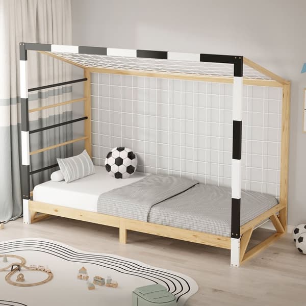 ML-Design barnsäng fotbollsmål 90x200 cm, träsäng med lamellram, klätterstege & nät, ungdomssäng av furu, enkelsäng för barn, sängram för pojkar