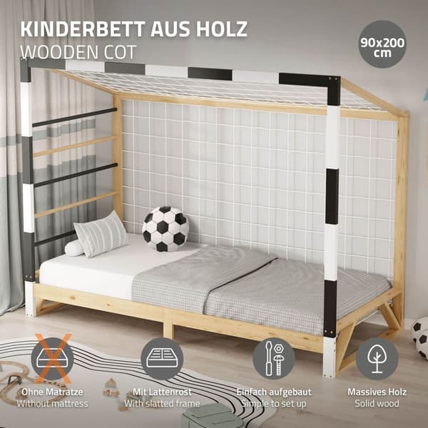 ML-Design barnsäng fotbollsmål 90x200 cm, träsäng med lamellram, klätterstege &amp; nät, ungdomssäng av furu, enkelsäng för barn, sängram för pojkar