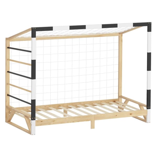 ML-Design barnsäng fotbollsmål 90x200 cm, träsäng med lamellram, klätterstege & nät, ungdomssäng av furu, enkelsäng för barn, sängram för pojkar