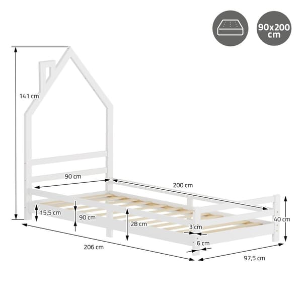 ML-Design barnsänghus 90x200 cm, vit, sänghus för barn, träsäng med lamellram, skorstensdesign, ungdomssäng av massivt furuträ, sängram för pojkar