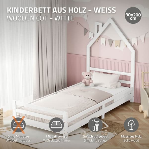 ML-Design barnsänghus 90x200 cm, vit, sänghus för barn, träsäng med lamellram, skorstensdesign, ungdomssäng av massivt furuträ, sängram för pojkar
