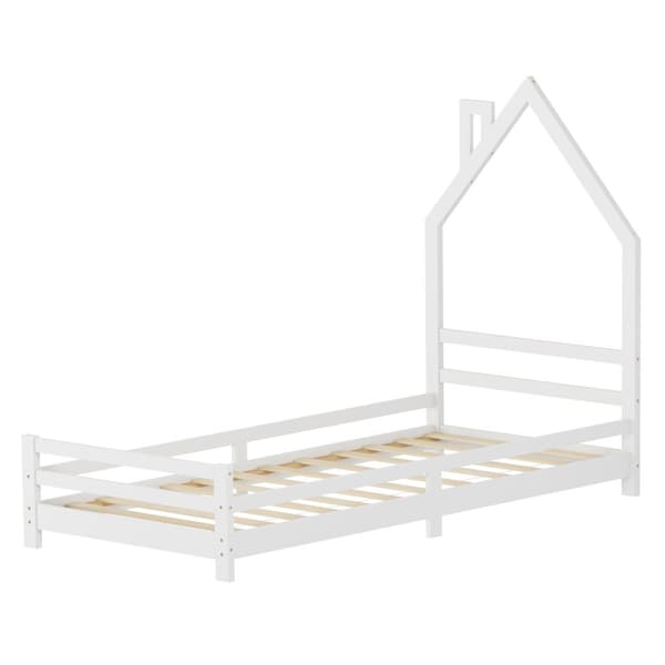 ML-Design barnsänghus 90x200 cm, vit, sänghus för barn, träsäng med lamellram, skorstensdesign, ungdomssäng av massivt furuträ, sängram för pojkar
