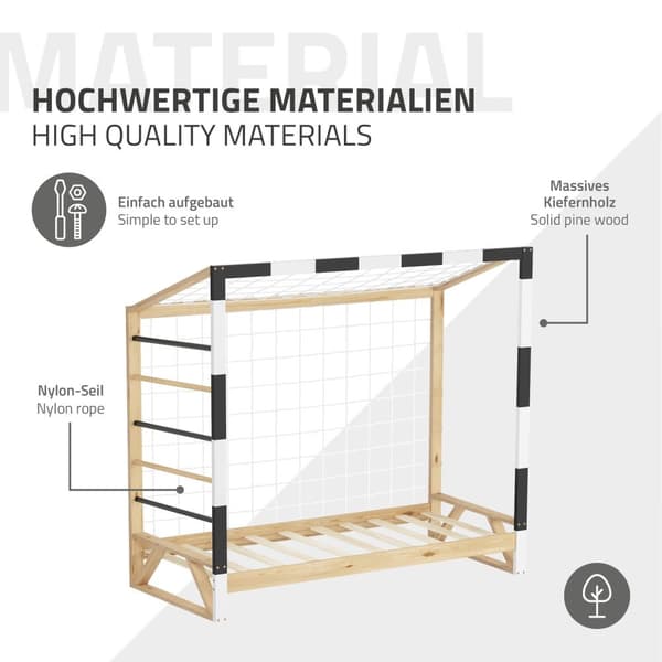 ML-Design barnsäng fotbollsmål 80x160 cm, träsäng med lamellram, klätterstege &amp; nät, ungdomssäng av furu, enkelsäng för barn, sängram för pojkar