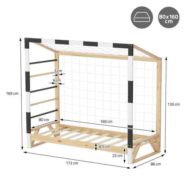 ML-Design barnsäng fotbollsmål 80x160 cm, träsäng med lamellram, klätterstege &amp; nät, ungdomssäng av furu, enkelsäng för barn, sängram för pojkar