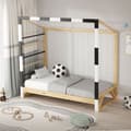 Miniatyrbild 7 av 8: ML-Design barnsäng fotbollsmål 80x160 cm, träsäng med lamellram, klätterstege &amp; nät, ungdomssäng av furu, enkelsäng för barn, sängram för pojkar