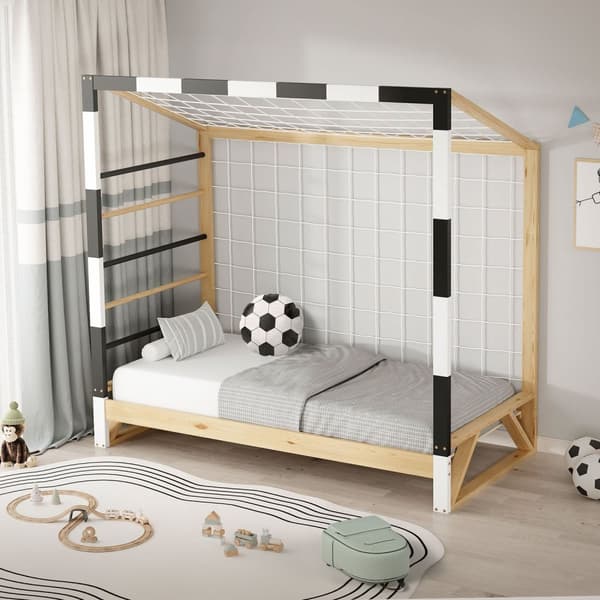 ML-Design barnsäng fotbollsmål 80x160 cm, träsäng med lamellram, klätterstege &amp; nät, ungdomssäng av furu, enkelsäng för barn, sängram för pojkar