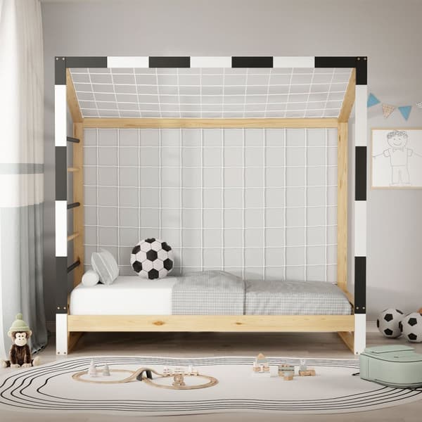 ML-Design barnsäng fotbollsmål 80x160 cm, träsäng med lamellram, klätterstege & nät, ungdomssäng av furu, enkelsäng för barn, sängram för pojkar