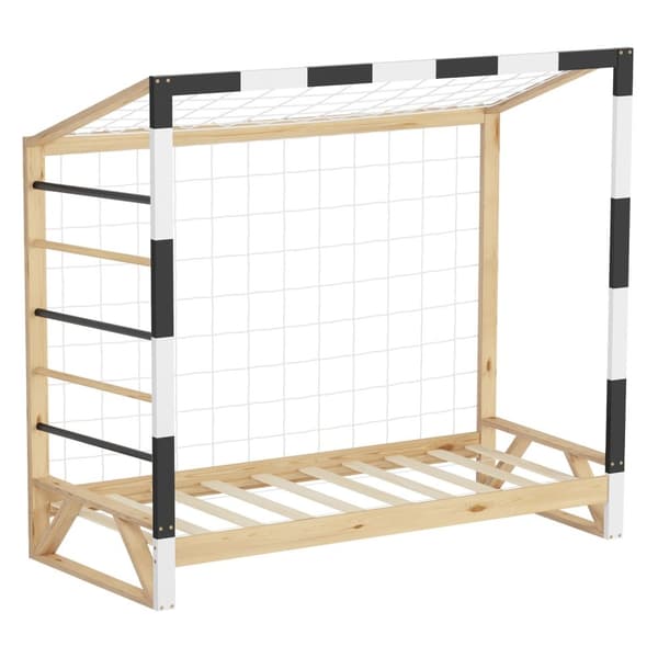 ML-Design barnsäng fotbollsmål 80x160 cm, träsäng med lamellram, klätterstege &amp; nät, ungdomssäng av furu, enkelsäng för barn, sängram för pojkar