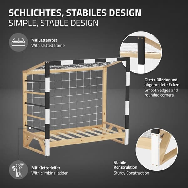 ML-Design børneseng fodboldmål 70x140 cm, træseng med lamelbund, klatrestige & net, ungdomsseng af fyrretræ, enkeltseng til børn, sengeramme til
