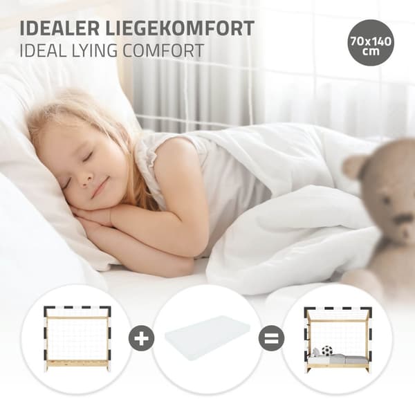ML-Design børneseng fodboldmål 70x140 cm, træseng med lamelbund, klatrestige & net, ungdomsseng af fyrretræ, enkeltseng til børn, sengeramme til