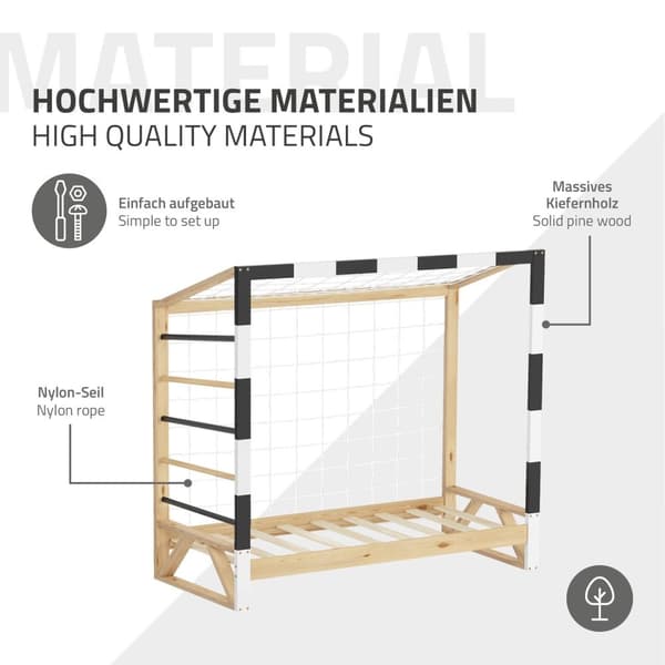 ML-Design børneseng fodboldmål 70x140 cm, træseng med lamelbund, klatrestige & net, ungdomsseng af fyrretræ, enkeltseng til børn, sengeramme til
