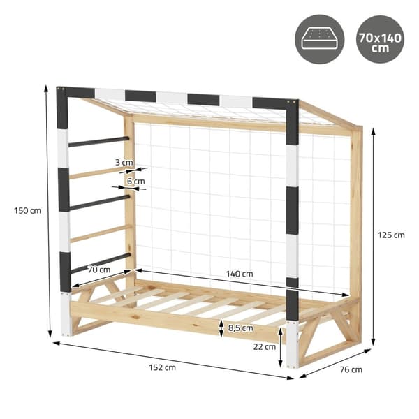 ML-Design børneseng fodboldmål 70x140 cm, træseng med lamelbund, klatrestige & net, ungdomsseng af fyrretræ, enkeltseng til børn, sengeramme til