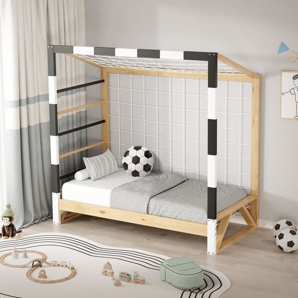 ML-Design børneseng fodboldmål 70x140 cm, træseng med lamelbund, klatrestige & net, ungdomsseng af fyrretræ, enkeltseng til børn, sengeramme til