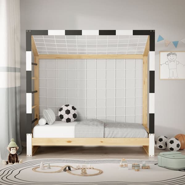 ML-Design børneseng fodboldmål 70x140 cm, træseng med lamelbund, klatrestige & net, ungdomsseng af fyrretræ, enkeltseng til børn, sengeramme til