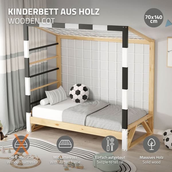 ML-Design børneseng fodboldmål 70x140 cm, træseng med lamelbund, klatrestige & net, ungdomsseng af fyrretræ, enkeltseng til børn, sengeramme til