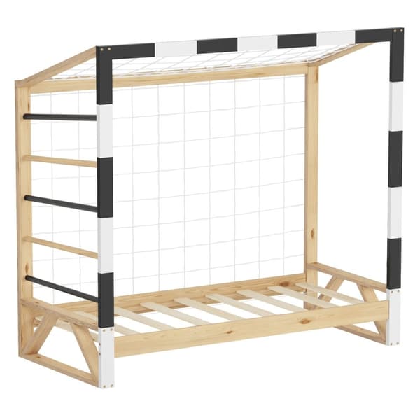 ML-Design børneseng fodboldmål 70x140 cm, træseng med lamelbund, klatrestige & net, ungdomsseng af fyrretræ, enkeltseng til børn, sengeramme til
