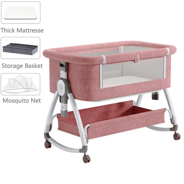 Spjälsäng, Justerbar Höjd, Myggnät,Spjälsäng ROSA