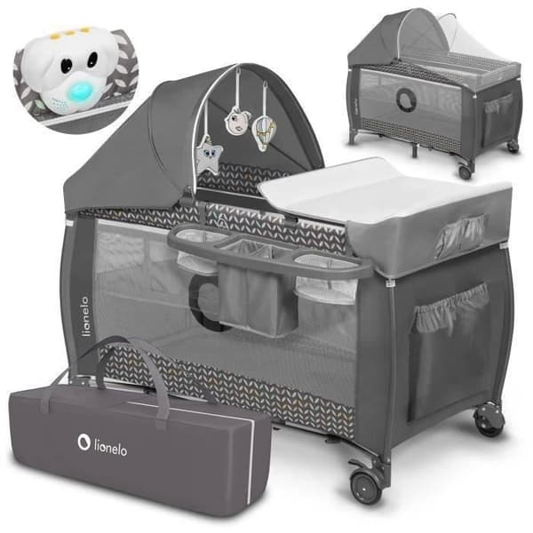 LIONELO Sven Plus - 2in1 Baby Resesäng - Från 0 till 36 månader - Skötbord - Myggnät och tillbehör - Grå