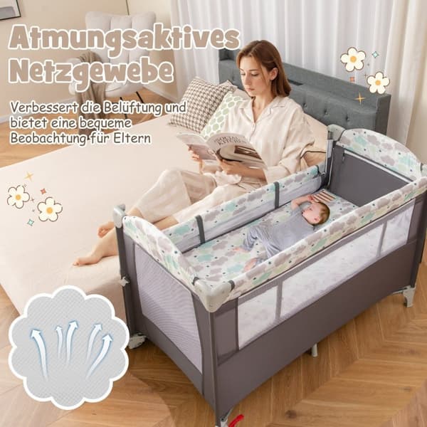 5 i 1 sammenleggbar sideseng reiseseng med madrass 2 plan babyseng med hjul grå